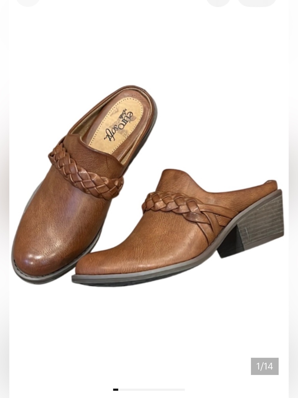 EuroSoft by Sofft Ailey Light Brown Faux Leather Mules Braided Detail Size 6M
